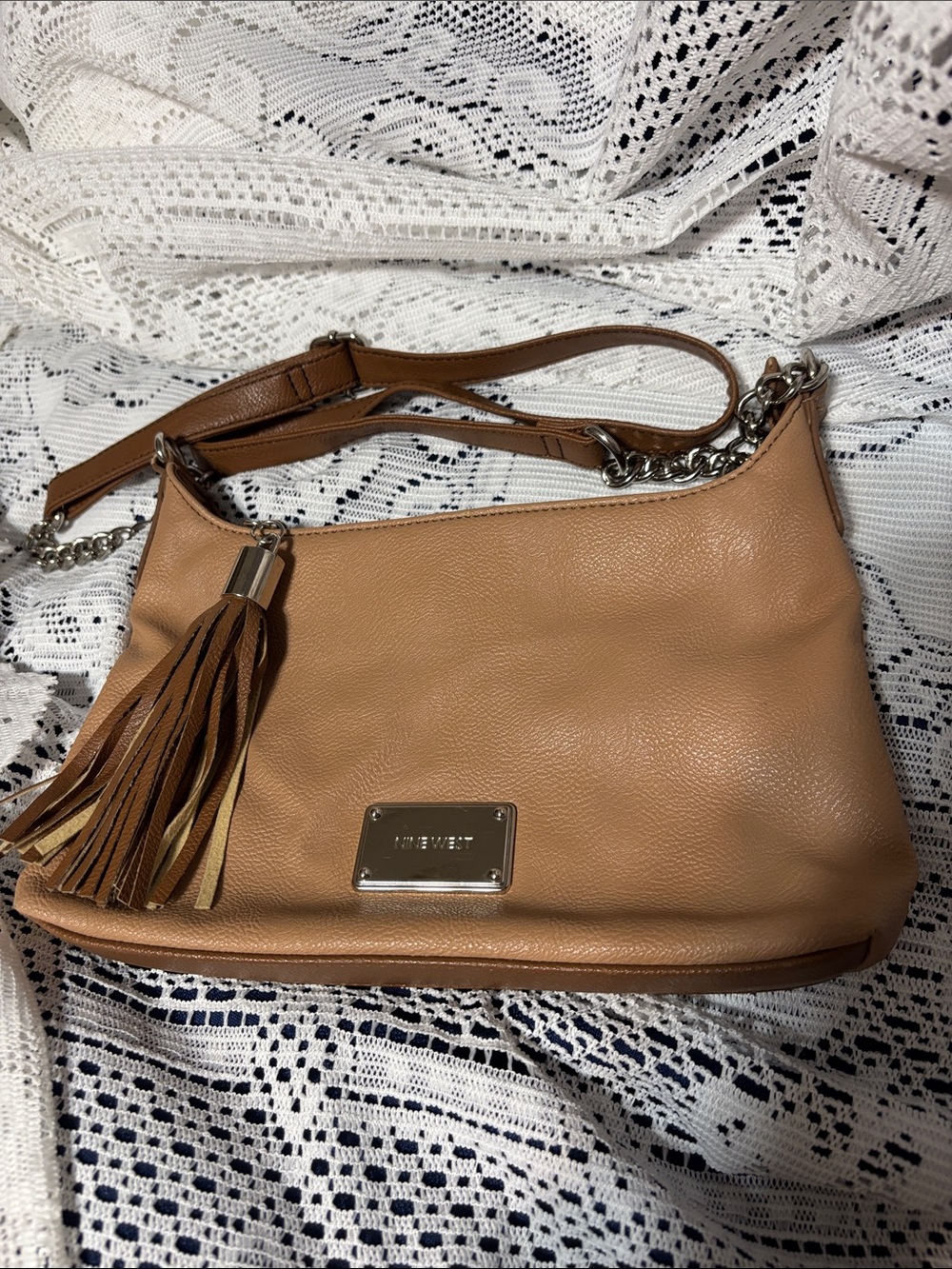 Nine West Tan Faux Leather Tassel Shoulder Bag with Chain Accent
